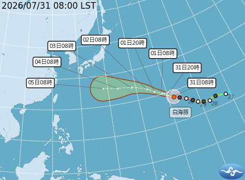 根據中央氣象署路徑預測圖顯示，白海豚近中心目前最大平均風速目前維持在每秒60公尺，強度已追平先前「巴威」與「辛樂克」颱風的紀錄。 圖：翻攝自氣象署官網