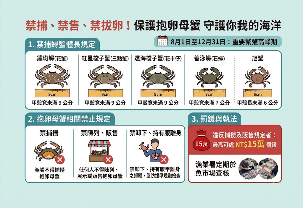 一圖看懂！蟳蟹類「禁止捕撈」體長與尺寸規定。 圖：GemineAI生成 / 彭沛緹製