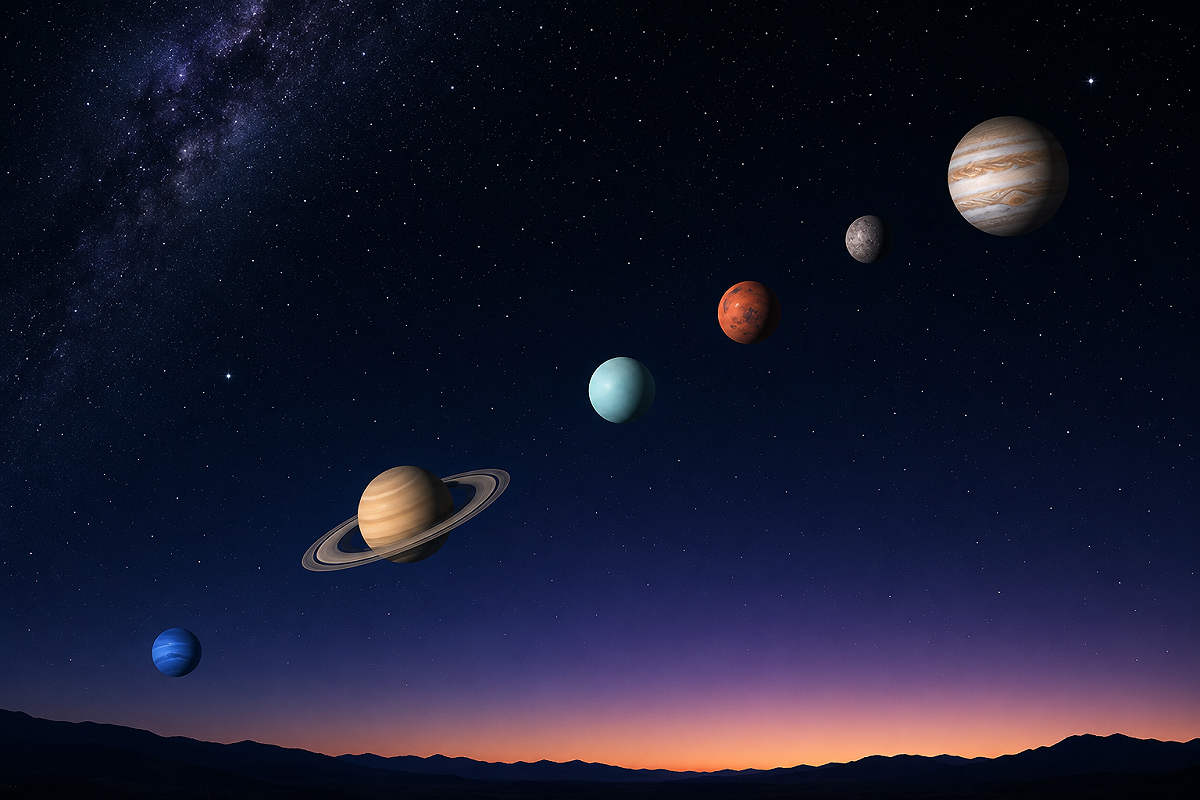 2026 年 8 月 12 日黎明前，水星、火星、木星、土星、天王星與海王星將陸續出現在天空，形成一場罕見的「六星行星列隊」。 圖:新頭殼製作