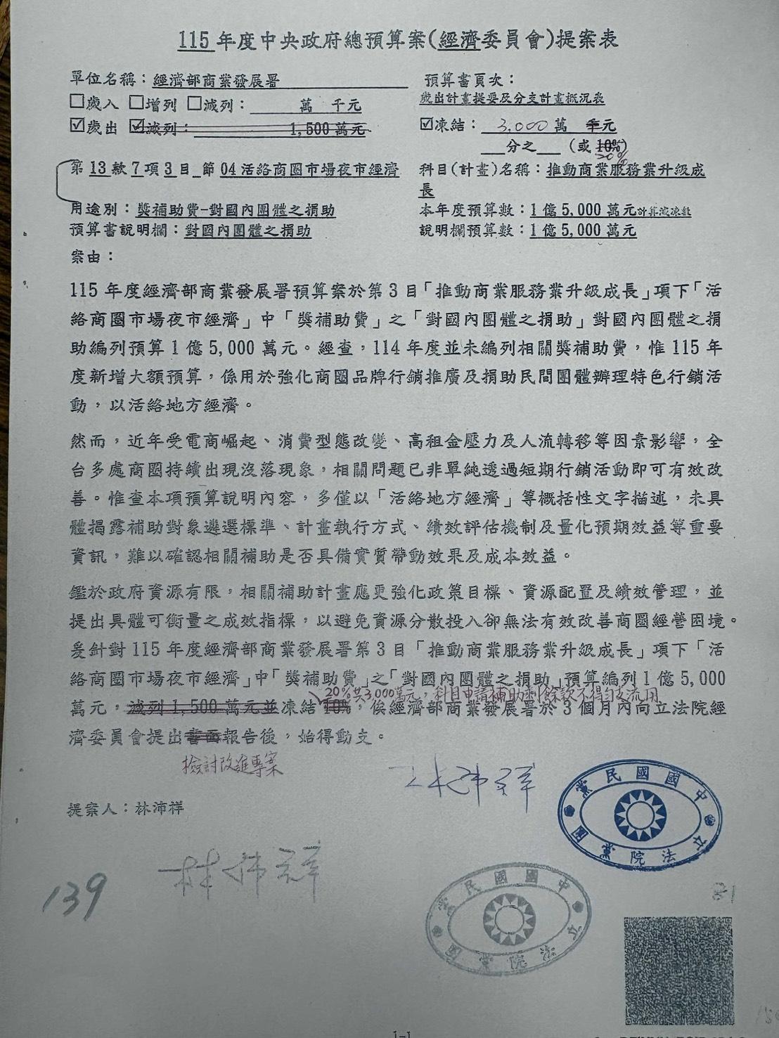 民進黨立委吳沛憶貼出影片及提案公文，直指國民黨凍結3000萬元商圈補助，卻敢開記者會宣稱最保護商圈。 圖：吳沛憶辦公室提供