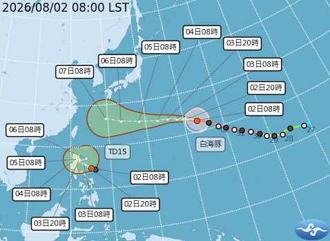「白海豚」颱風目前位於鵝鑾鼻東方海面，8月2日至7日將逐漸逼近日本琉球群島一帶，其暴風圈在6日至7日將明顯擴大，並掠過台灣北部海面。 圖：翻攝自氣象署官網