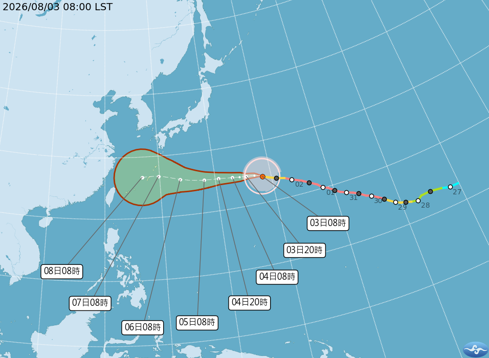 據氣象署最新颱風路徑預測顯示，中颱白海豚將在禮拜五、正好是父親節時最靠近台灣。 圖：翻攝自氣象署官網