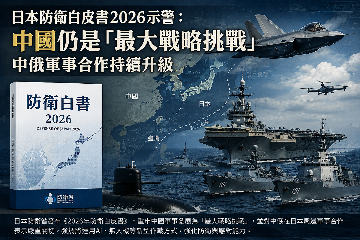 日本《2026年防衛白皮書》示警，中國仍是「最大戰略挑戰」，並點出中俄軍事合作持續升溫，未來將加速導入AI與無人機等新型作戰能力，因應日益嚴峻的區域安全情勢。 （示意圖／AI生成）