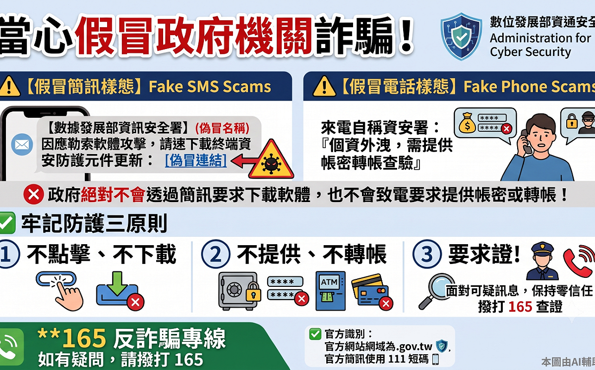 當心假冒政府機關詐騙！資安署請民眾提高警覺