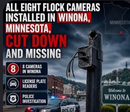 美國明尼蘇達州溫諾納市（Winona）發生大膽竊盜事件。全市8台「Flock Safety」自動車牌辨識攝影機（ALPR）遭人鋸斷桿柱後竊走。 圖：翻攝「X」@Girlpatriot1974