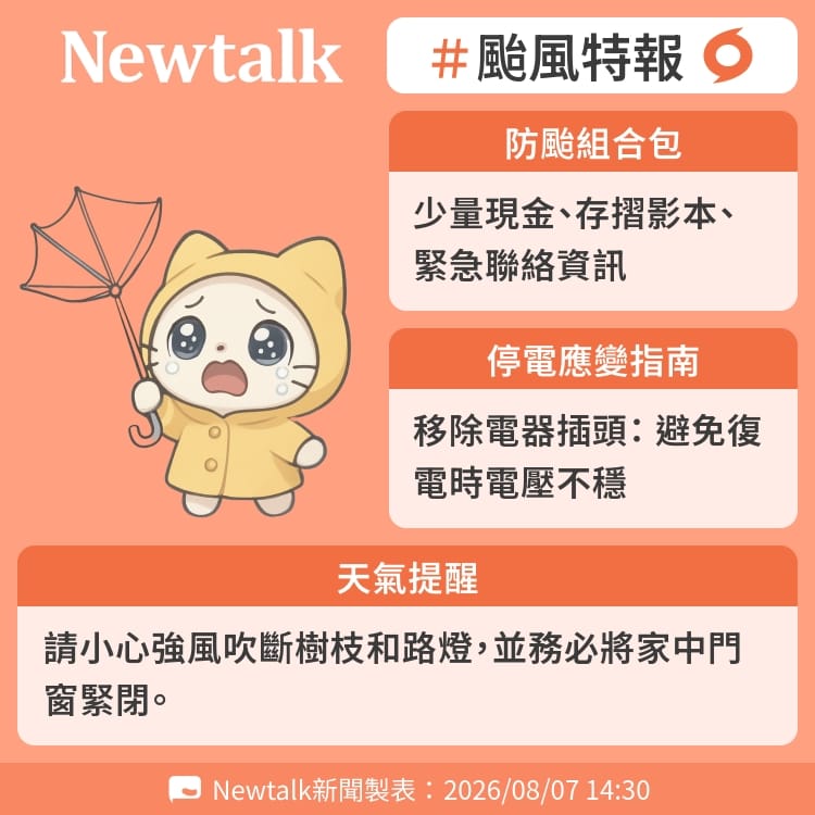 請小心強風吹斷樹枝和路燈，並務必將家中門窗緊閉。 圖：Newtalk製表
