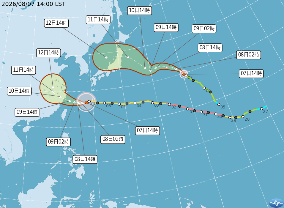 左側為白海豚颱風路徑圖。目前正從台灣東南方海面往西北西移動，預估明後天最靠近台灣北部海面。 圖：翻攝自氣象署網站