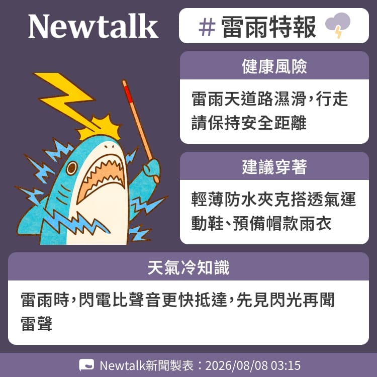 雷雨時，閃電比聲音更快抵達，先見閃光再聞雷聲 圖：Newtalk製表