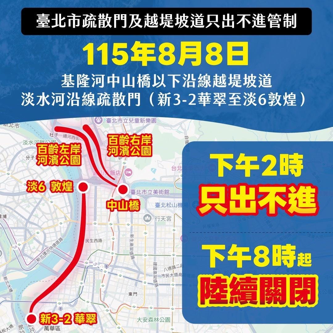 今天下午2時起，基隆河中山橋以下及淡水河沿線「新3-2華翠至淡6敦煌」將實施車輛只出不進管制，晚間8時起陸續關閉疏散門及越堤坡道。 圖/台北市水利處提供