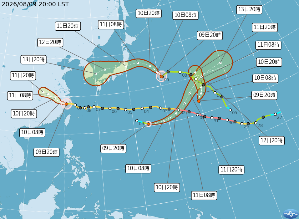 熱帶低壓TD18生成，目前太平洋上有3個颱風和1個熱帶低壓同時存在。 圖：翻攝自中央氣象署