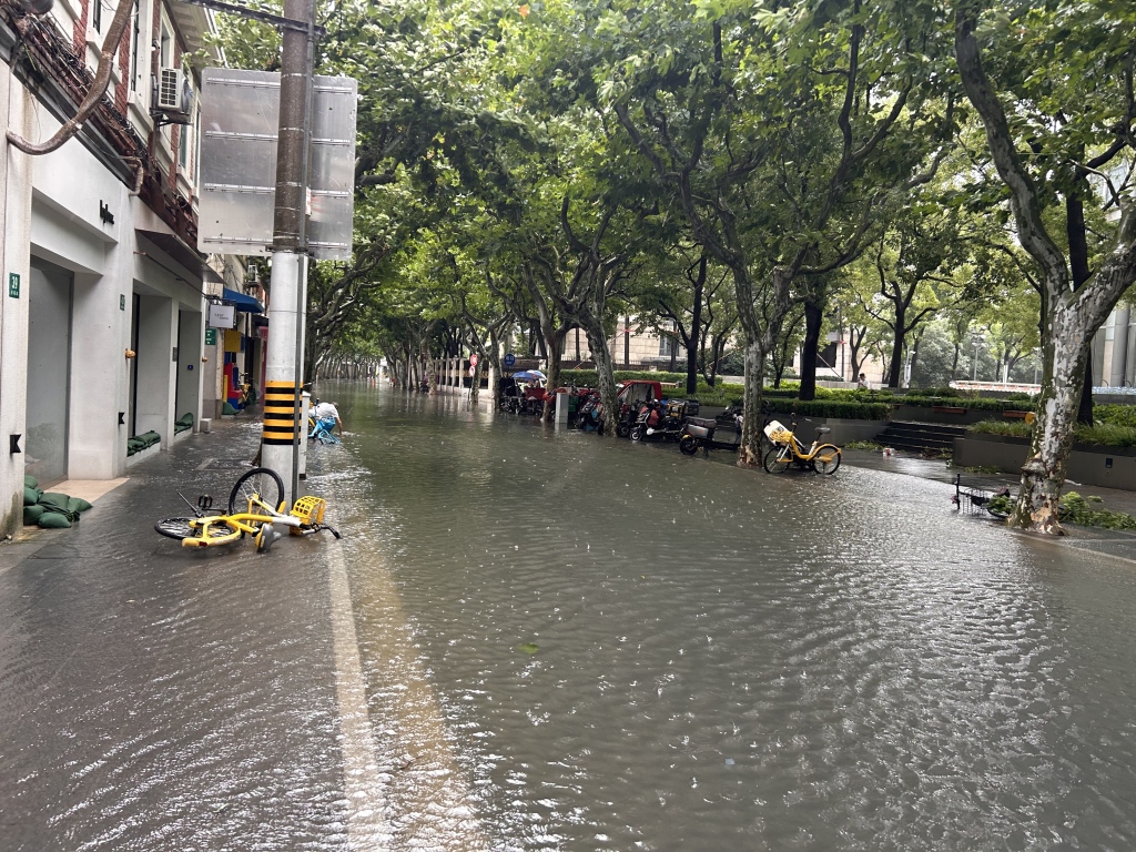 受白海豚颱風帶來的強降雨影響，上海市區街道出現淹水情形。 圖:翻攝自澎湃新聞