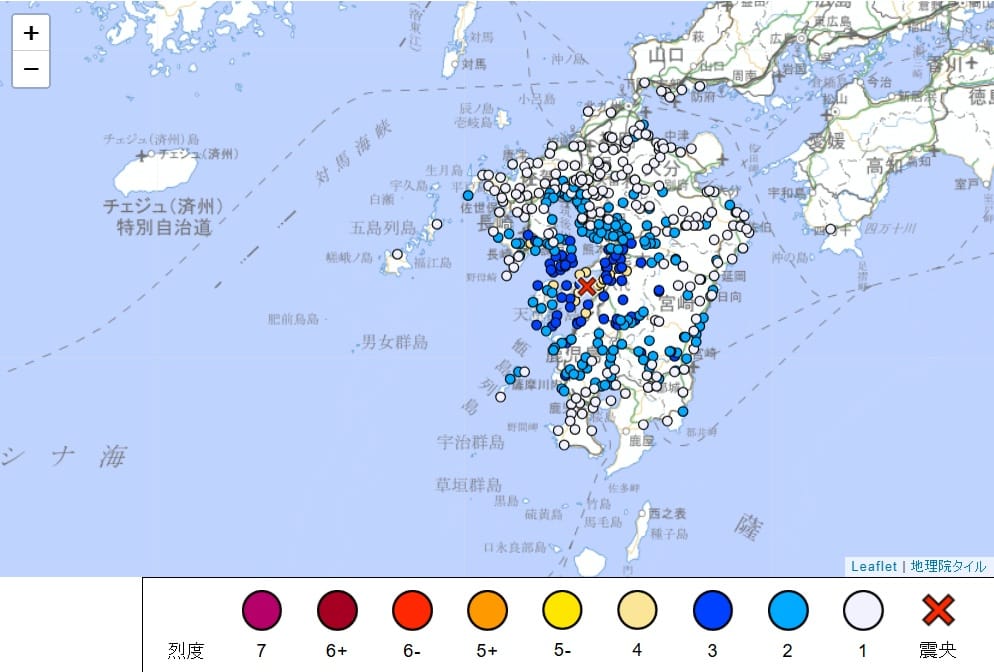 日本熊本12日下午1時5分，再發生規模4.9、震源深度僅有10公里淺層地震。 圖：翻攝data.jma.go.jp