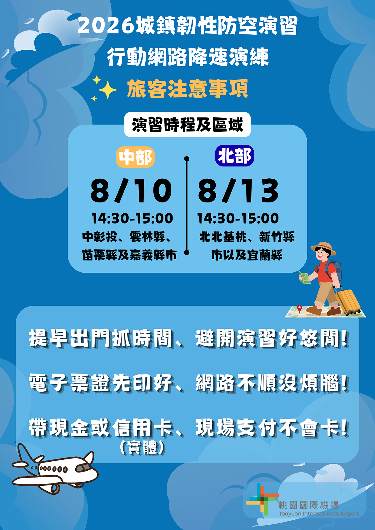 2026城鎮韌性演習將於7日、10日至13日分5個梯次於各地區陸續舉行。 圖：桃園機場公司／提供
