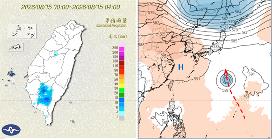 左:今(15日)晨4時累積雨量圖顯示，西南部已有明顯降雨。右：最新(14日20時)歐洲(ECMWF)模式、下下週一(24)日20時500百帕模擬圖顯示，太平洋高壓略增強。下週四(20日)起關島附近有熱帶擾動醞釀發展，並朝北北西前進，下下週一抵日本南方海面。(圖擷自tropical tidbits) 圖/取自氣象應用推廣基金會