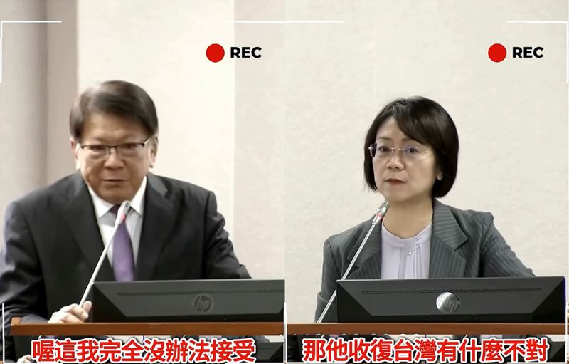 翁曉玲2024年底在立法院質詢總統府秘書長潘孟安的影片被挖，雙方針對兩岸主權激烈交鋒。 圖／翻攝自「打馬悍將粉絲團」臉書