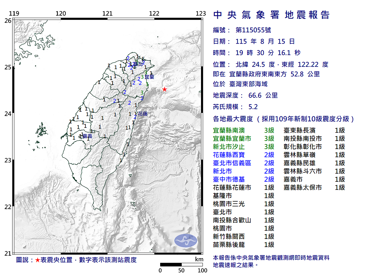 08/15-19:30臺灣東部海域發生規模5.2有感地震 圖：中央氣象署