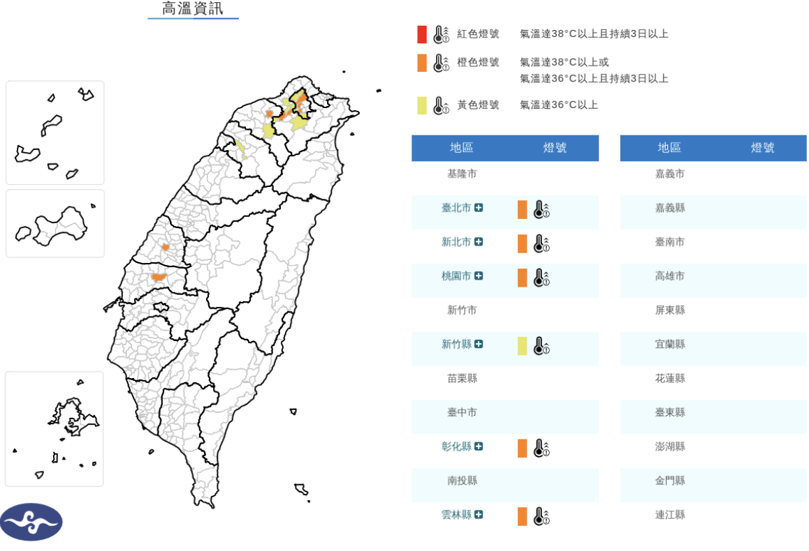 天氣高溫炎熱，今(16)日中午前後台北市、新北市、桃園市、彰化縣、雲林縣為橙色燈號，有連續出現36度高溫的機率，請加強注意。 圖/氣象署