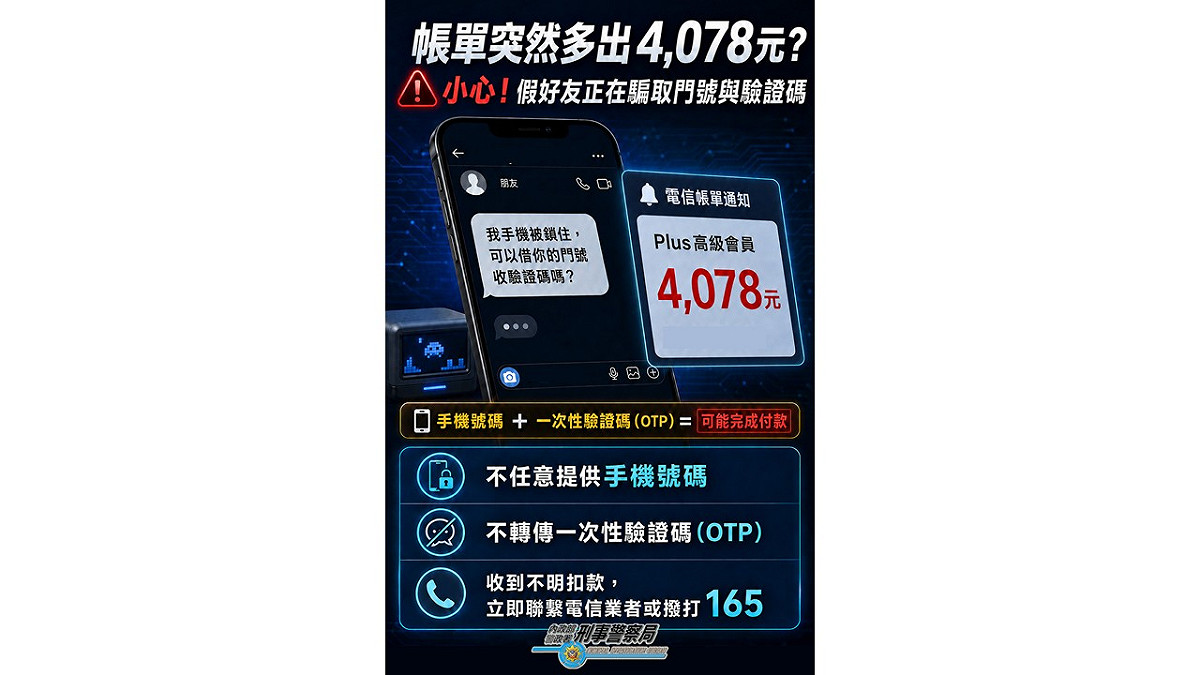 刑事警察局17日示警，近來電信小額付款詐騙，逾四分之三被害人為學生。詐欺集團透過Instagram冒充好友，以「手機被鎖」或急需借用門號接收簡訊為由，誘使被害人提供手機號碼及一次性驗證碼（OTP），再利用電信小額付款盜買PlayStation Plus高級會員，單筆扣款金額清一色為新台幣4078元。 圖：刑事警察局提供