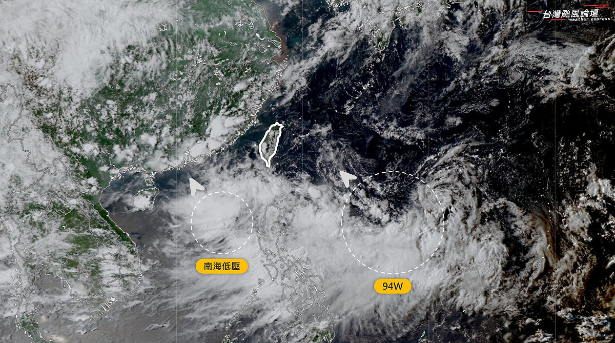 目前台灣東南邊有兩個低氣壓蠢蠢欲動，一個是南海低壓，另一個是菲律賓東方海域的94W。 圖：取自「台灣颱風論壇｜天氣特急」