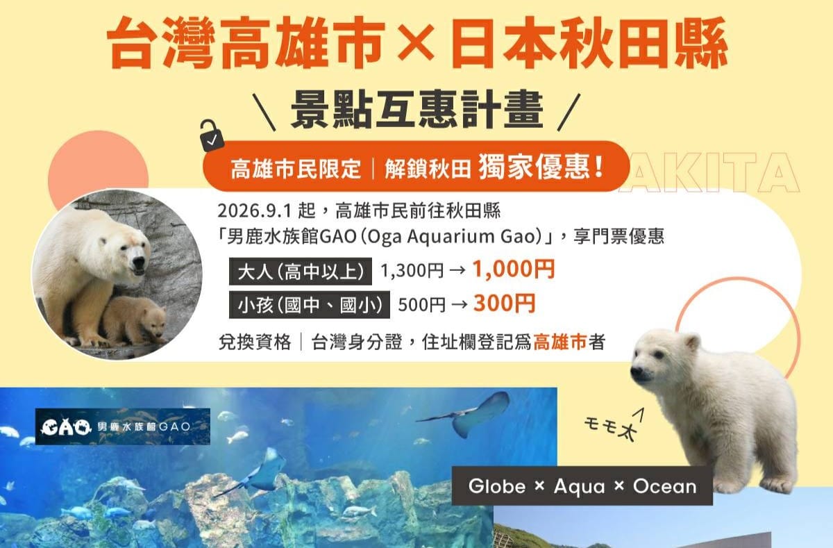 高市府與秋田縣攜手推出景點互惠計畫，9月1日起高雄市民持身分證前往秋田縣指定景點「男鹿水族館GAO」，即可享有專屬門票優惠。 圖：高雄市行國處／提供