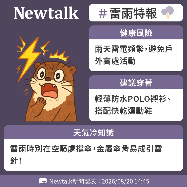 雷雨時別在空曠處撐傘，金屬傘骨易成引雷針！ 圖：Newtalk製表