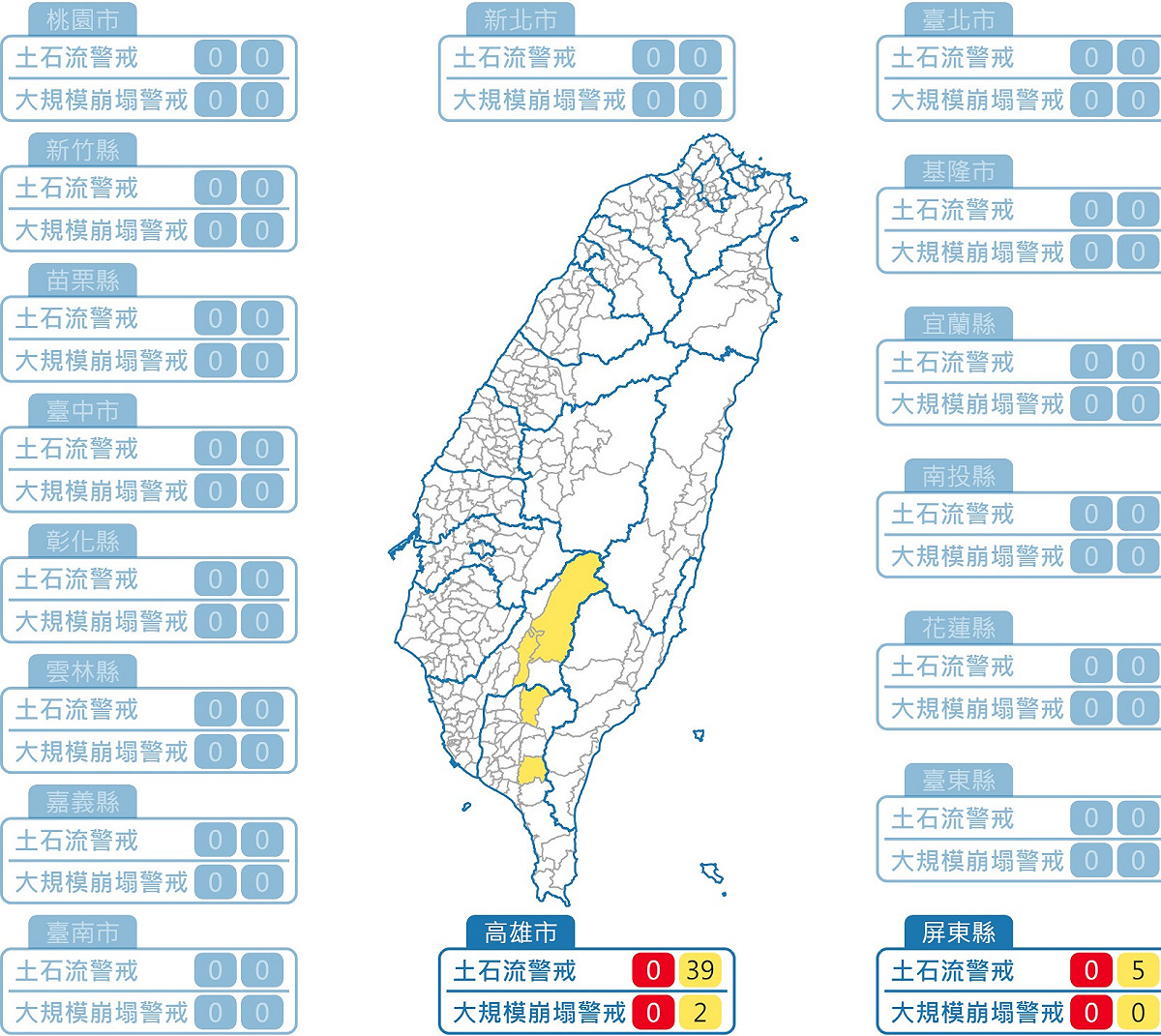 農村水保署上午8時30分發布土石流及大規模崩塌警戒預報，土石流黃色警戒44條。 圖/農村水保署
