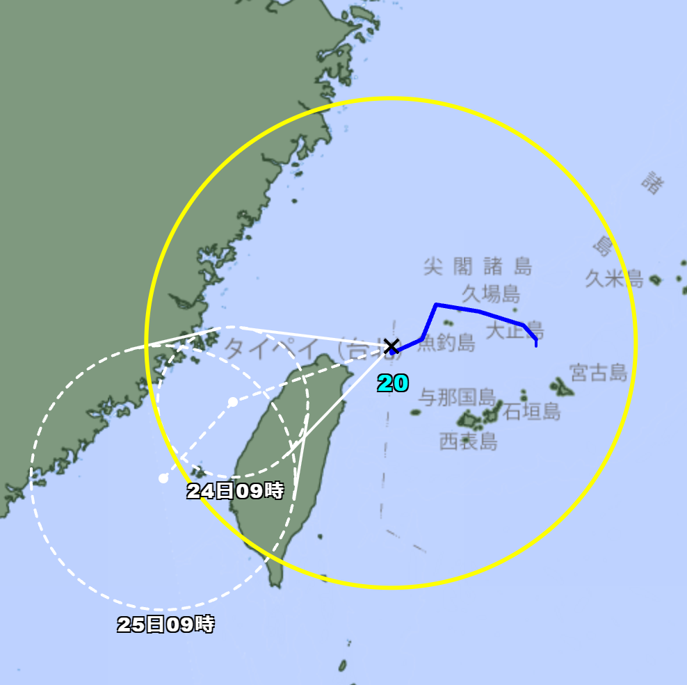 日本氣象廳昨(22)日將熱帶性低氣壓TD22升格成第20號颱風「簡拉維」，但氣象署認為不到颱風程度，甚至今天還認定TD22登陸浙江後消散，呈現截然不同的預報結果。 圖：取自日本氣象廳