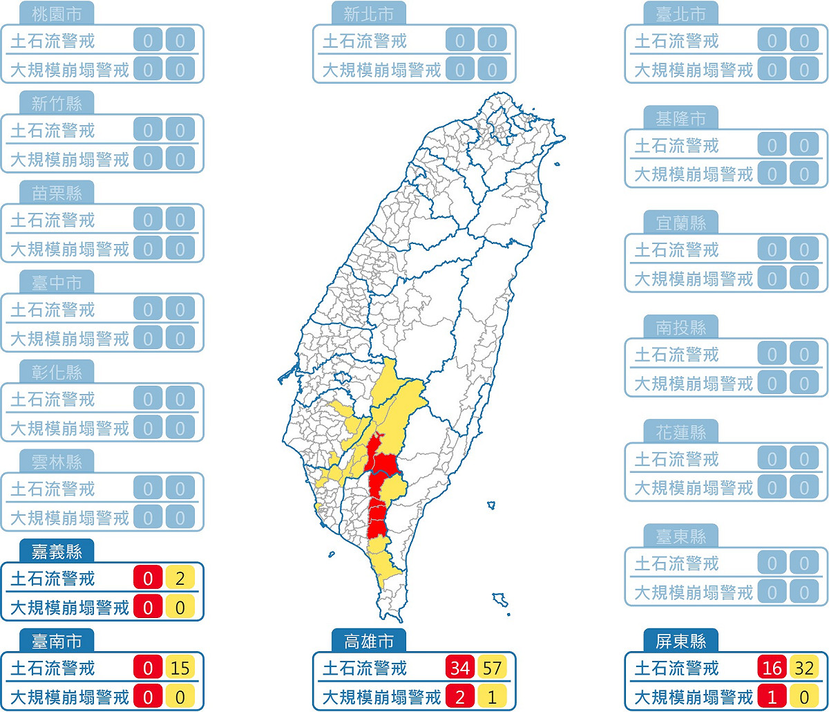 所有土石流警戒位置都在南部地區，分別為嘉義縣、台南市、高雄市和屏東縣。 圖：取自土石流及大規模崩塌防災資訊網