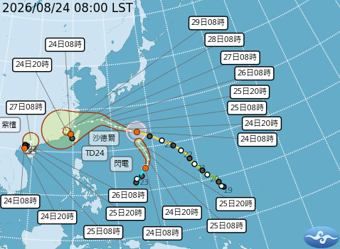 目前海面上正有「沙德爾」、「閃電」與「紫檀」三個颱風並存，其中須特別密切留意最左側「沙德爾」颱風未來逼近台灣的暴風圈威脅。 圖：翻攝自氣象署