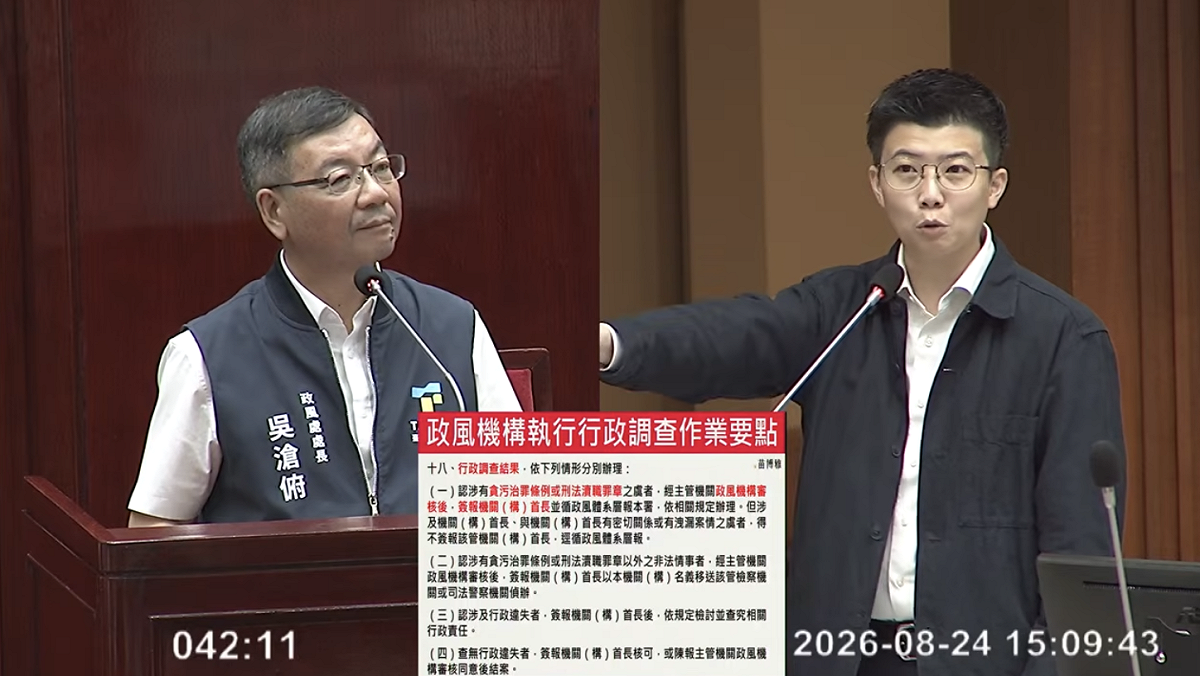 台北市議員苗博雅質詢北市政風處長吳滄俯。 圖：翻攝議會直播