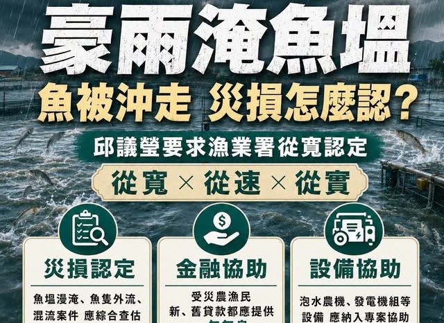 邱議瑩要求農業部、漁業署針對此次豪雨造成的養殖漁業災損，應採取「從寬、從速、從實」原則。 圖：邱議瑩辦公室/提供