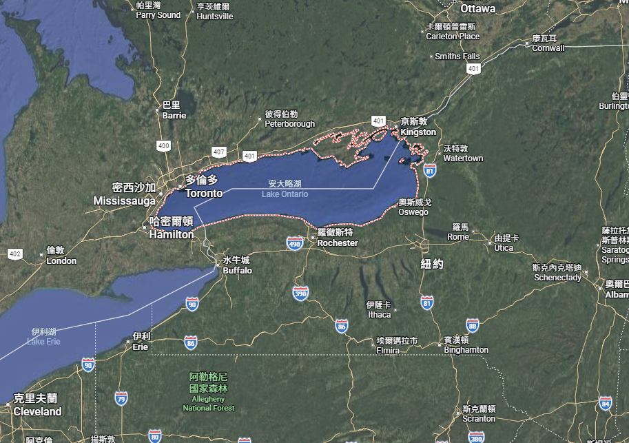 安大略湖（Lake Ontario）。 圖:翻攝自Google地圖