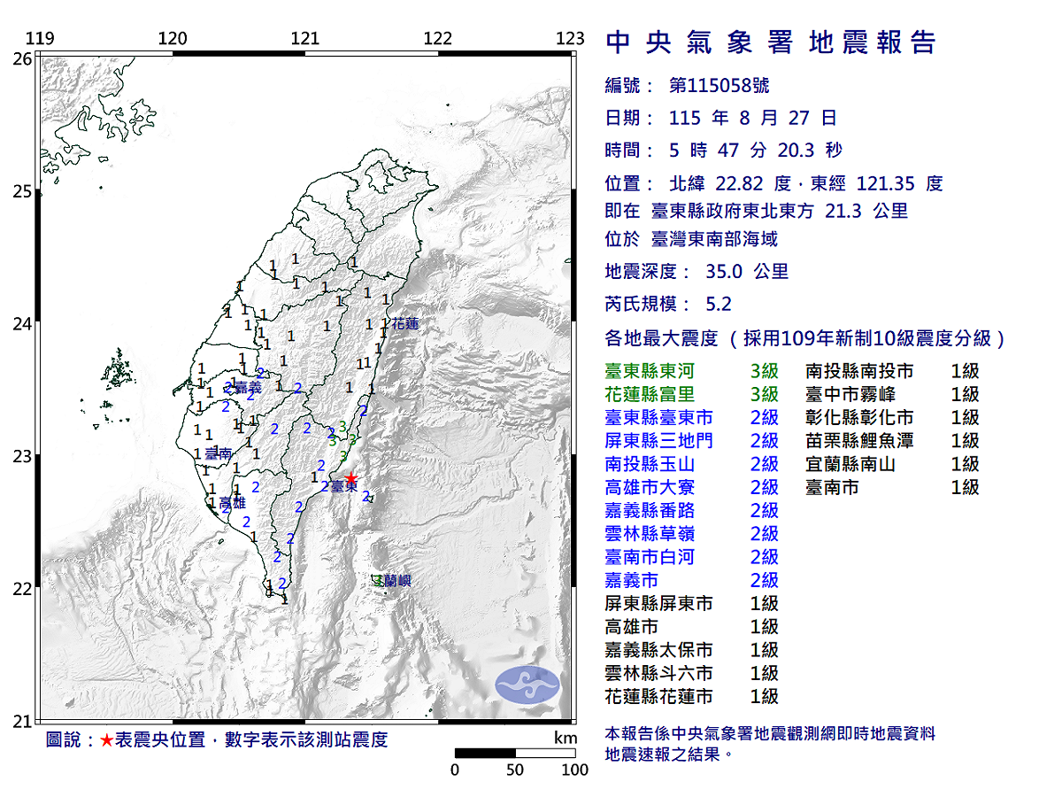 08/27-05:47臺灣東南部海域發生規模5.2有感地震 圖：中央氣象署