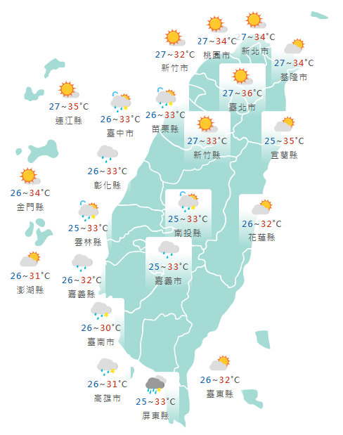 氣象署公布各地天氣預報概況。 圖：氣象署提供