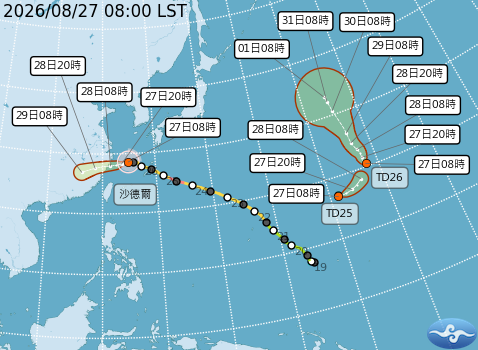 隨著沙德爾颱風逐步靠近，氣象署已對北部海面發布海警，不過預計強度會持續減弱，並於明(28)日上午登陸中國。 圖：取自氣象署
