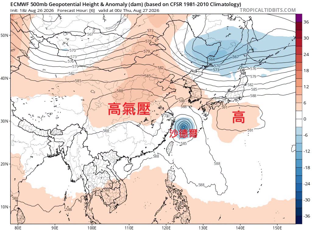鄭明典今日在臉書上，PO出500百帕氣壓圖釋疑，圖中底色是距平(長期平均值)、氣壓則以重力位高度標記。 圖：取自鄭明典臉書