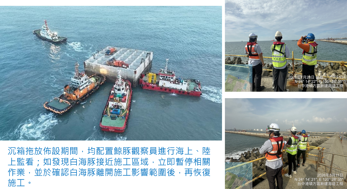台中港務公司表示，將持續辦理相關的維護措施，包含海域水質監測以維護海洋環境。港務公司重視臺灣白海豚保育，沉箱拖放及佈設期間均配置鯨豚觀察員，進行海上及陸上監看；如發現白海豚接近施工區域，即暫停相關作業，確認白海豚離開後始恢復施工。 圖：台灣港務公司／提供