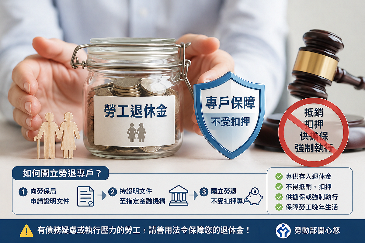 勞動部提醒，勞工若有債務疑慮或強制執行壓力，可申請開立勞退專戶，退休金依法不得遭抵銷、扣押、提供擔保或強制執行。 圖：AI示意圖。