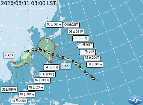 目前海面上兩個熱帶性低氣壓TD20、TD27，都有機會在明日成颱。 圖：取自氣象署