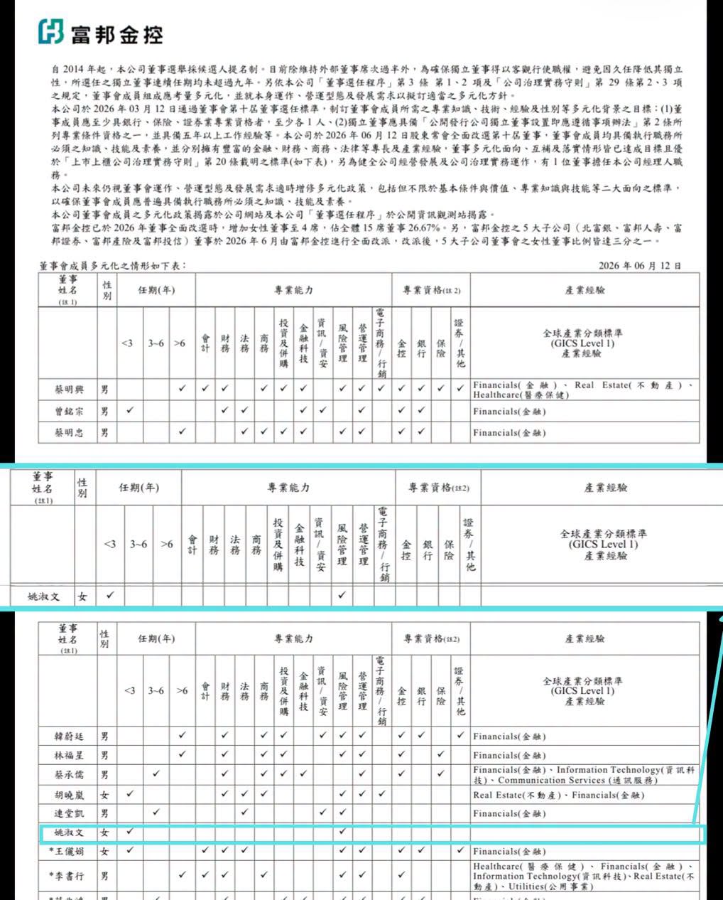 林延鳳表示，姚淑文無財經與法律專業經歷，是富邦金董事們當中的「產業經驗」空白者。 圖：取自林延鳳臉書