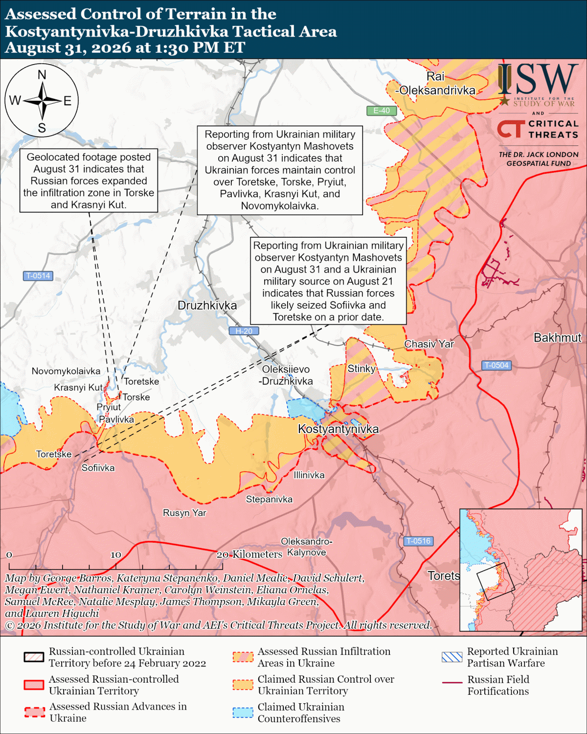 戰爭研究所（ISW）於 2026 年 8 月 31 日發布的地形控制評估圖，展示烏克蘭東部科斯蒂安丁尼夫卡至德魯日基夫卡（Kostyantynivka-Druzhkivka）戰術區域內俄烏兩軍的控制與滲透範圍變化。 圖：翻攝自 Institute for the Study of War
