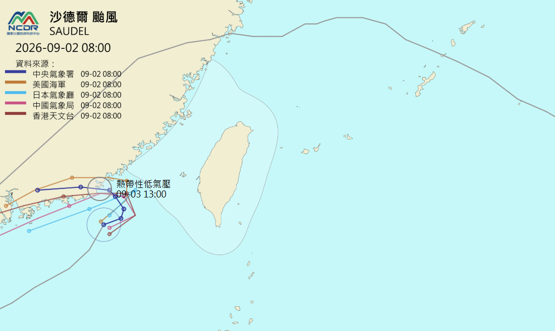 日本認為沙德爾會在台灣海峽南部滯留；歐洲認為最後還是會重新登陸中國；AI則認定江朝巴士海峽前進。 圖：取自NCDR