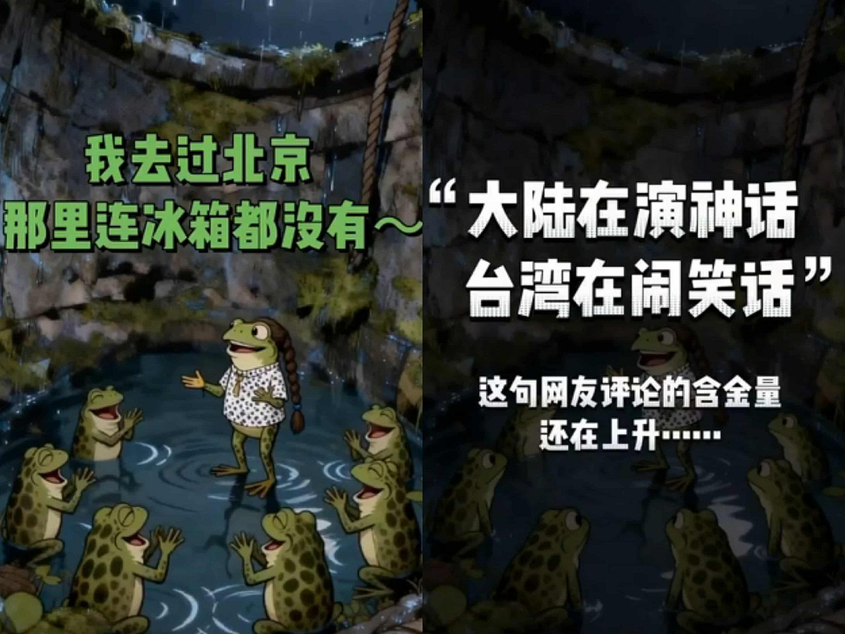 中國官媒《看台海》30 日發布一段宣傳動畫，原意似乎是藉由對比兩岸科技發展，凸顯中國的科技成果，並以「井底之蛙」形象影射台灣。 圖:翻攝自影片