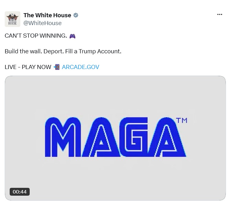 白宮展示仿照知名遊戲公司SEGA標誌所設計的「MAGA」標誌。 圖：取自X@WhiteHouse