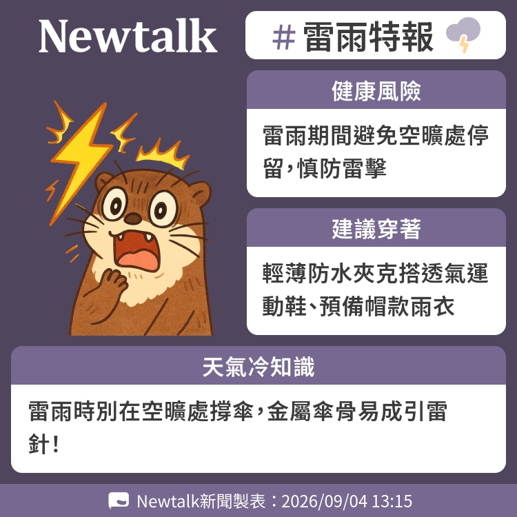 雷雨時別在空曠處撐傘，金屬傘骨易成引雷針！ 圖：Newtalk製表