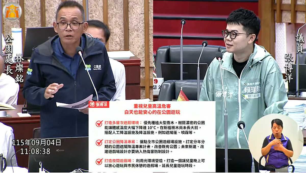 張博洋(右)質詢林燦銘(左)，要求正視兒童高溫危害，提出「三大降溫訴求」。 圖：張博洋服務處／提供