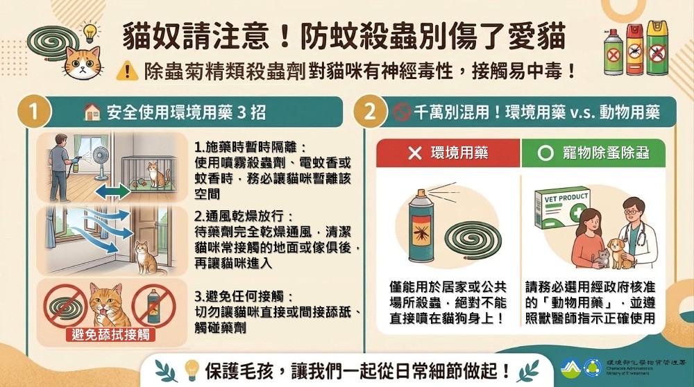 防範貓咪中毒謹慎使用除蟲菊精類環境用藥。 圖：環境部化學署／提供