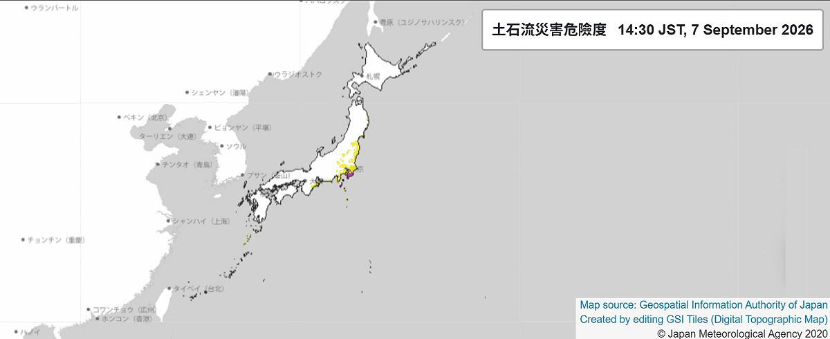 日本氣象廳7日凌晨，對東京都伊豆諸島新島村發布防災氣象資訊最高等級的「第5級土砂災害特別警報」（紫色區域）。 圖：截取自jma.go.jp