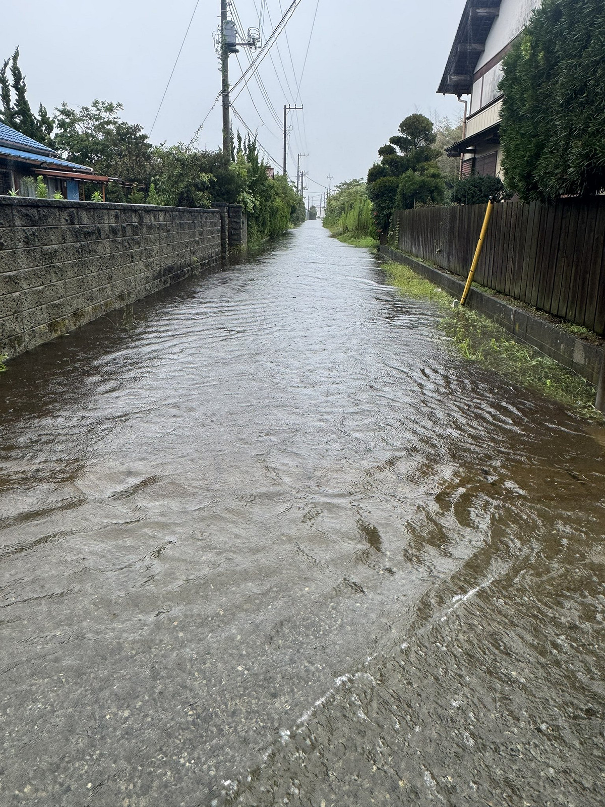 日本東京都旁的千葉縣也遭大雨波及，巷道成小河。 圖：翻攝「X」@akigama1583