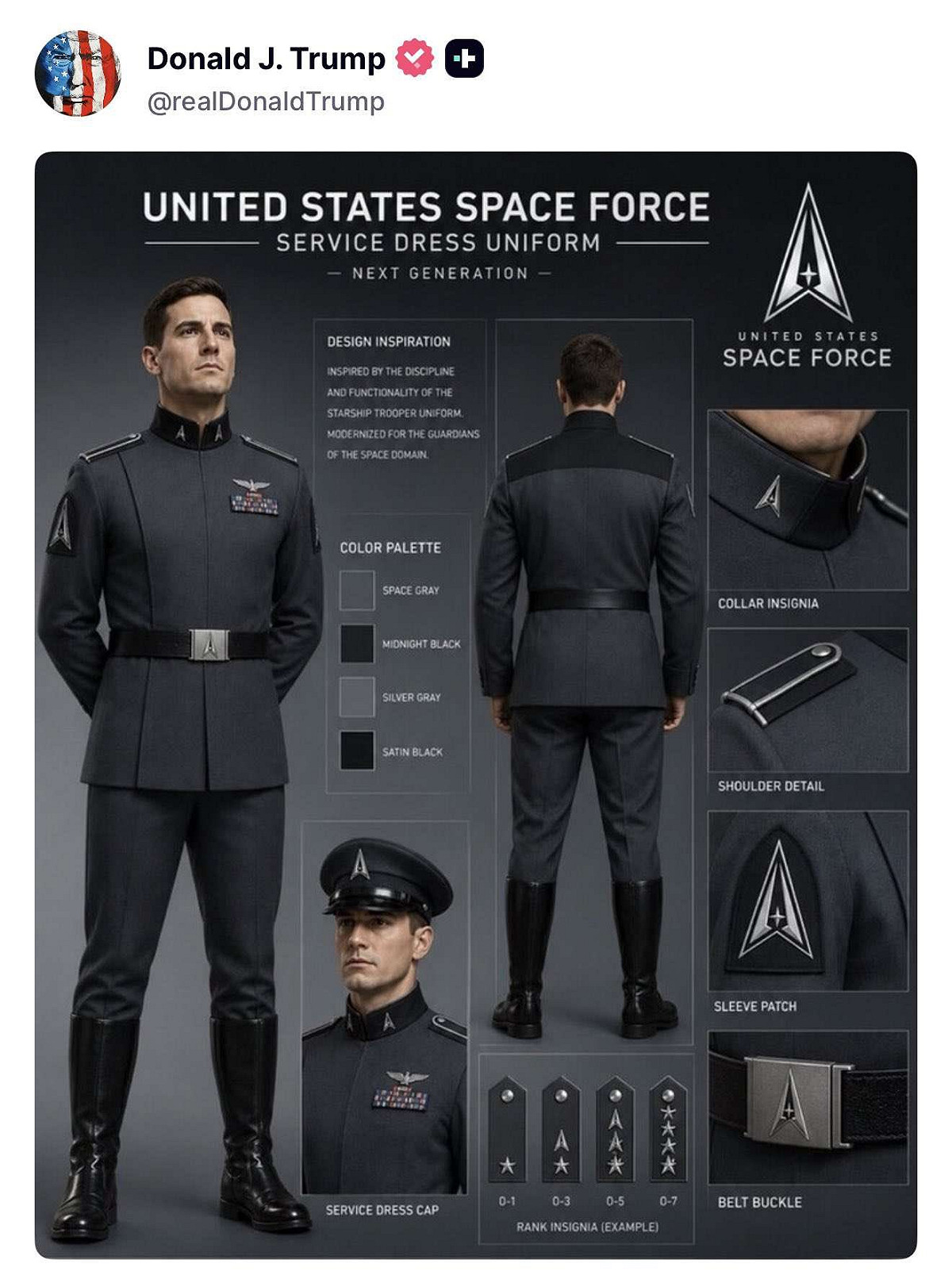 川普近日在社群平台發布一張美國太空軍新款軍服設計圖，卻遭網友嘲諷設計概念神似二戰德國納粹的制服。 圖:翻攝自 X @trumptruthsbot